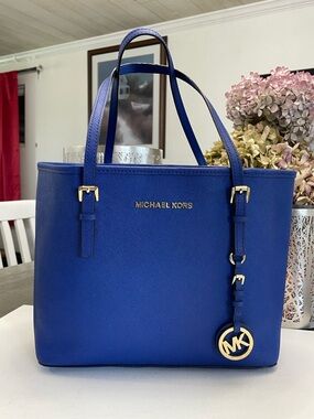 Michael Kors Royal Blue Saffiano Tote with Gold Hardware